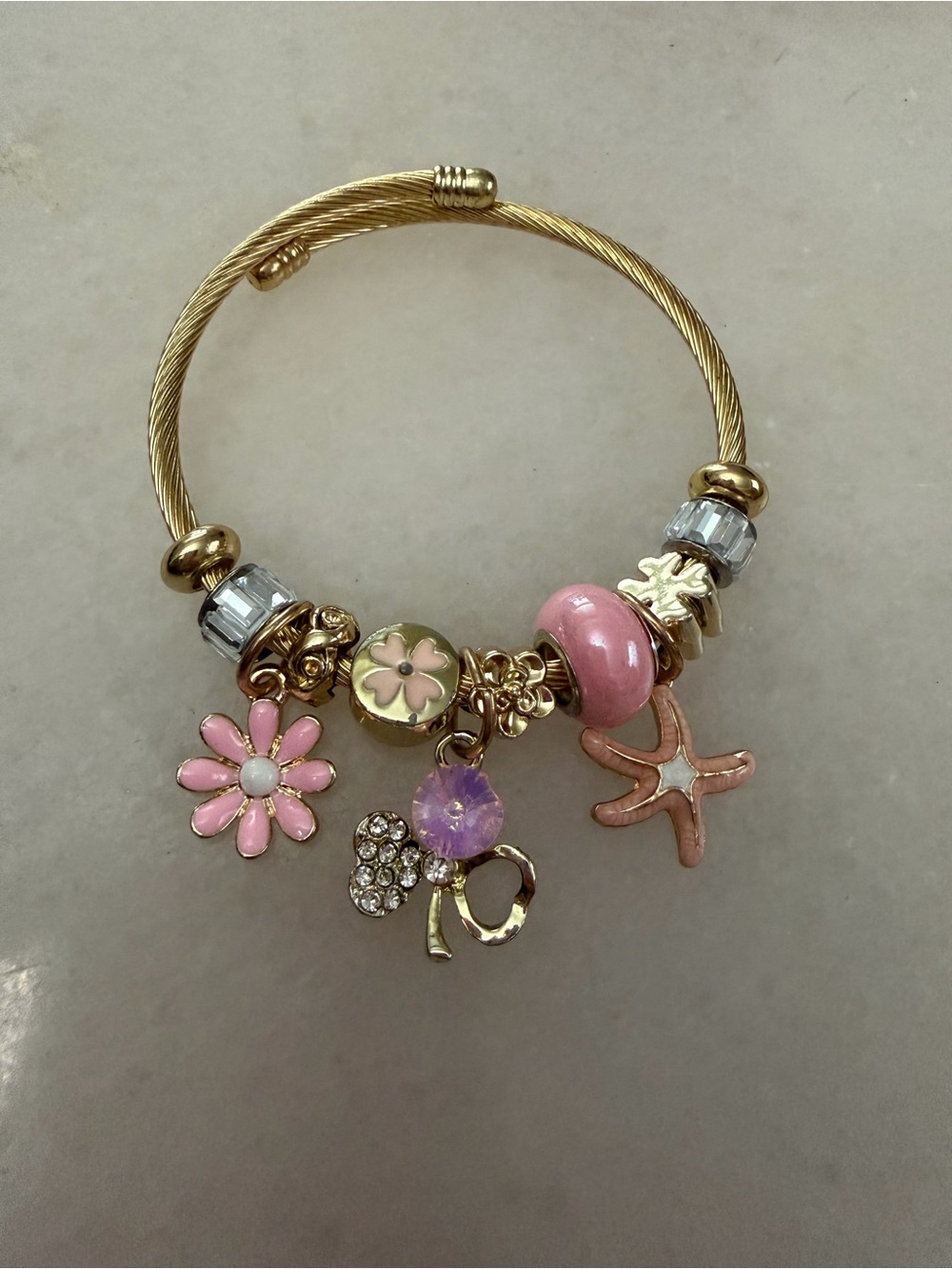 Gold Tone Pink Floral Charm Bracelet